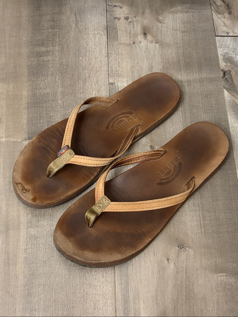 Rainbow Leather Flip Flops in Brown and Tan Women’s size 7.5-8.5